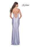 Picture of: Neon Ruched Jersey Dress with Illusion Corset Lace Top in Light Periwinkle, Style: 32322, Back Picture