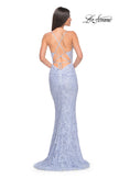 Picture of: Beaded Lace Long Dress with Illusion Bodice in Light Periwinkle, Style: 32434, Back Picture