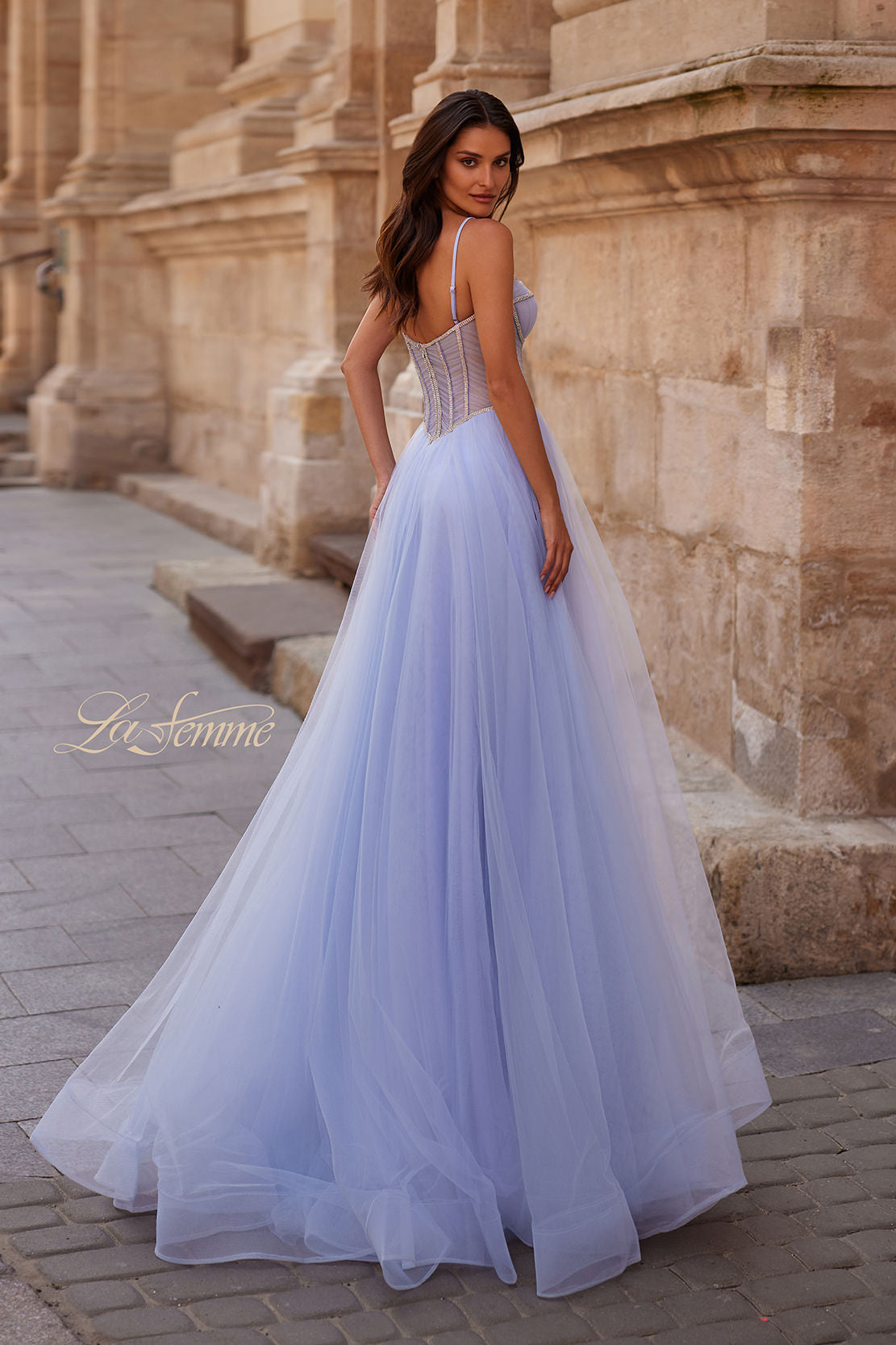 Picture of: Tulle A-line Prom Dress with Rhinestone Detail on Corset Top in Light Periwinkle, Style 32675, Back Picture