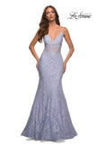 Picture of: Mermaid Lace Prom Dress with Sheer Jeweled Bodice in Light Periwinkle, Detail Picture 1