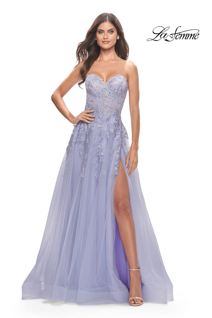Picture of: Sweetheart Tulle Strapless Gown with Lace Applique in Light Periwinkle, Style: 31363, Detail Picture 1