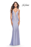 Picture of: Bedazzled Rhinestone Jersey Gown with Deep V Neckline in Neon in Light Periwinkle, Style: 31413, Detail Picture 1