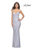 Picture of: Neon Rhinestone Embellished Ruched Prom Dress with Draped Neckline in Light Periwinkle, Style: 31968, Detail Picture 1