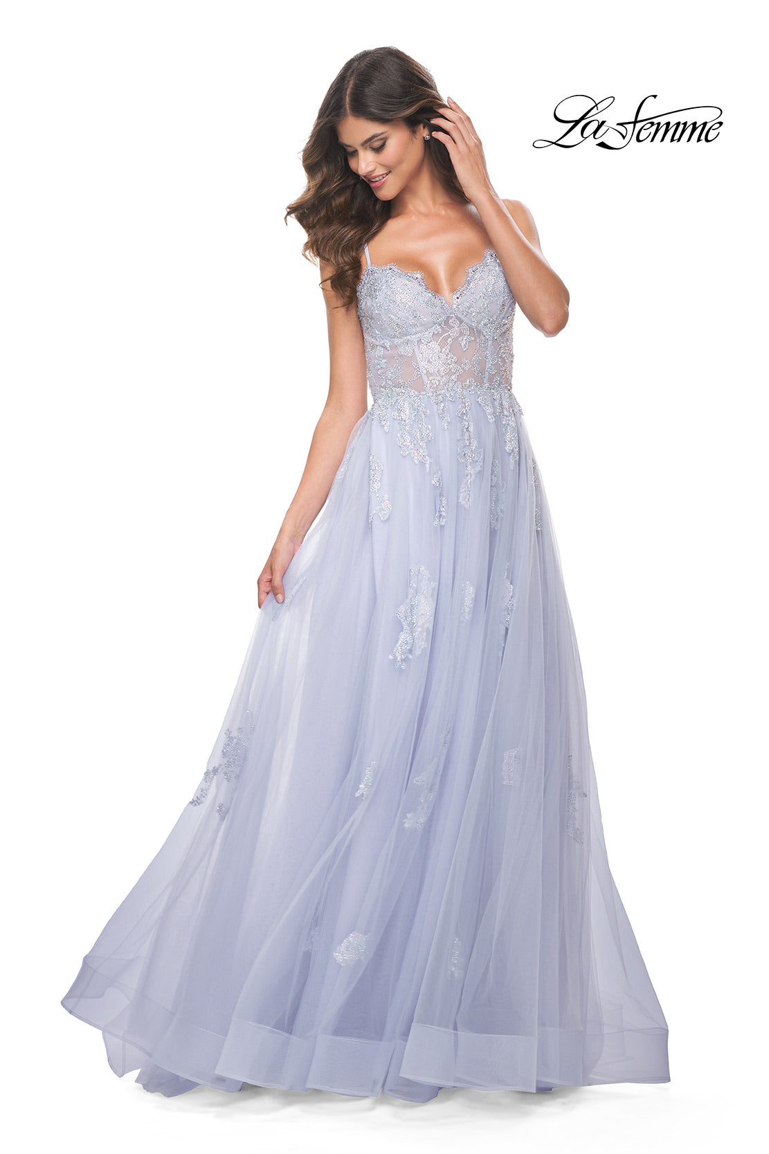 Picture of: A-Line Tulle Gown with Scallop Detail Bodice and Lace Applique in Light Periwinkle, Style: 32028, Detail Picture 1