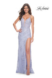 Picture of: Lace Fitted Dress with Deep V Neckline and Lace Applique in Light Periwinkle, Style: 32205, Detail Picture 1