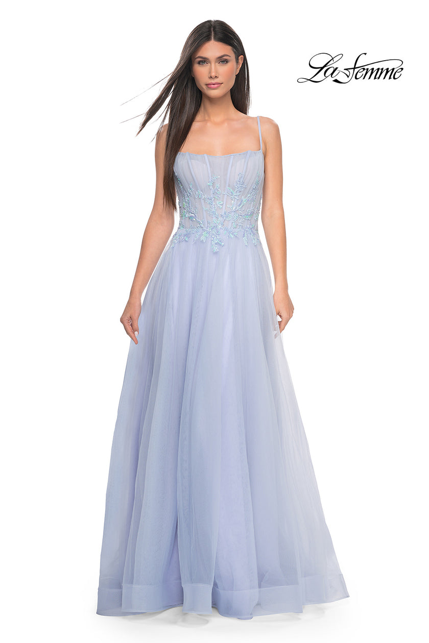 Picture of: Tulle A-line Dress with Beaded Lace Waist and Square Neckline in Light Periwinkle, Style: 32293, Detail Picture 1