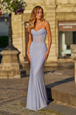 Picture of: Rhinestone Gown with Sheer Corset Bodice and Lace-Up Back in Light Periwinkle, Style: 33456, Detail Picture 1