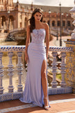 Picture of: Strapless Rhinestone Corset Gown with High Slit and Ruched Back in Light Periwinkle, Style: 33509, Detail Picture 1
