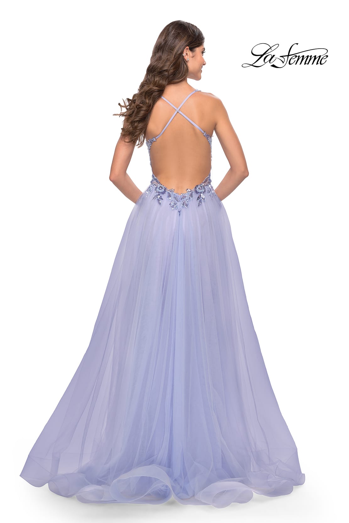 Picture of: Tulle A-Line Gown with Sheer Bodice and Beaded Lace Detail in Light Periwinkle, Style: 31369, Detail Picture 2