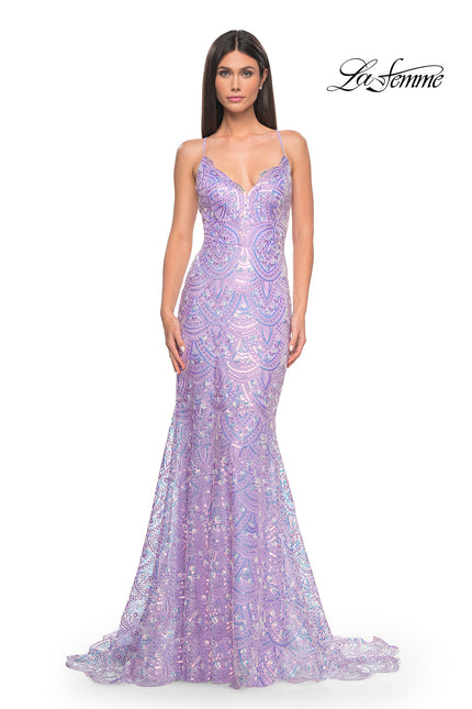 Picture of: Print Sequin Mermaid Dress with Lace Up Back in Light Periwinkle, Style: 31865, Detail Picture 2