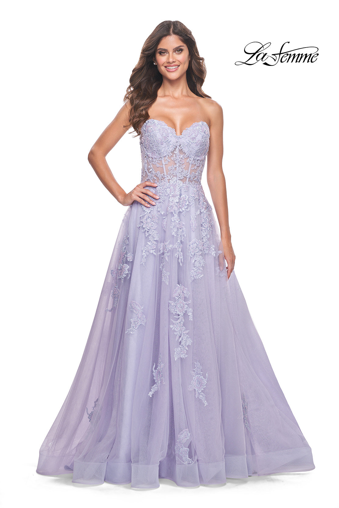 Picture of: Sweetheart Strapless Tulle A-Line Prom Dress with Lace Details in Light Periwinkle, Style: 32145, Detail Picture 2