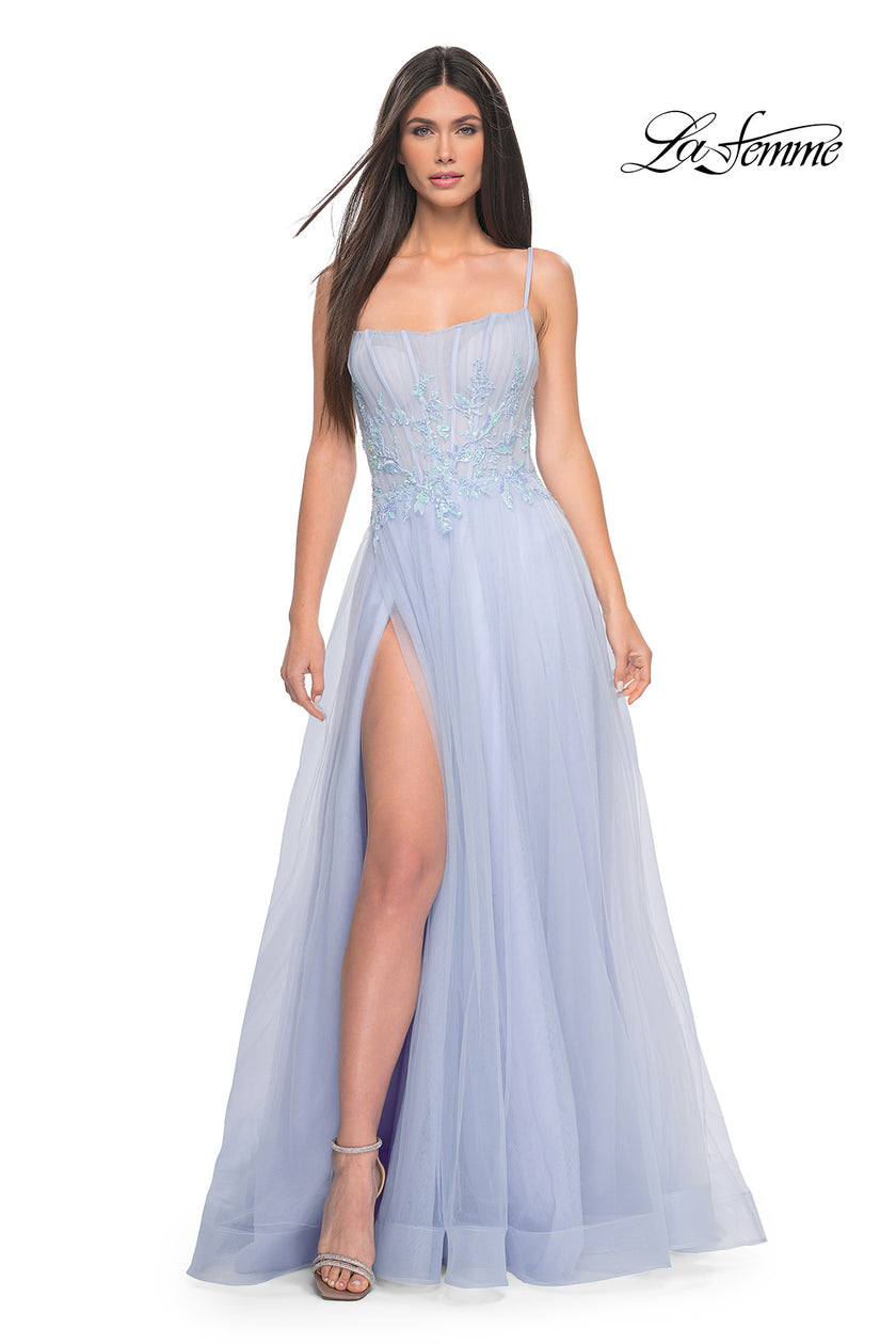 Picture of: Tulle A-line Dress with Beaded Lace Waist and Square Neckline in Light Periwinkle, Style: 32293, Detail Picture 2