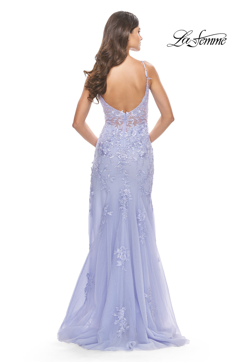 Picture of: Lace Long Dress with High Side Slit and V Neckline in Light Periwinkle, Style: 31125, Detail Picture 3