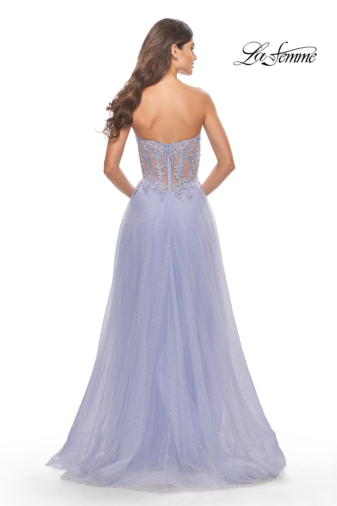 Picture of: Rhinestone Tulle Gown with Sheer Lace Bodice in Light Periwinkle, Style: 31367, Detail Picture 3