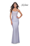 Picture of: Neon Ruched Jersey Dress with Illusion Corset Lace Top in Light Periwinkle, Style: 32322, Detail Picture 3