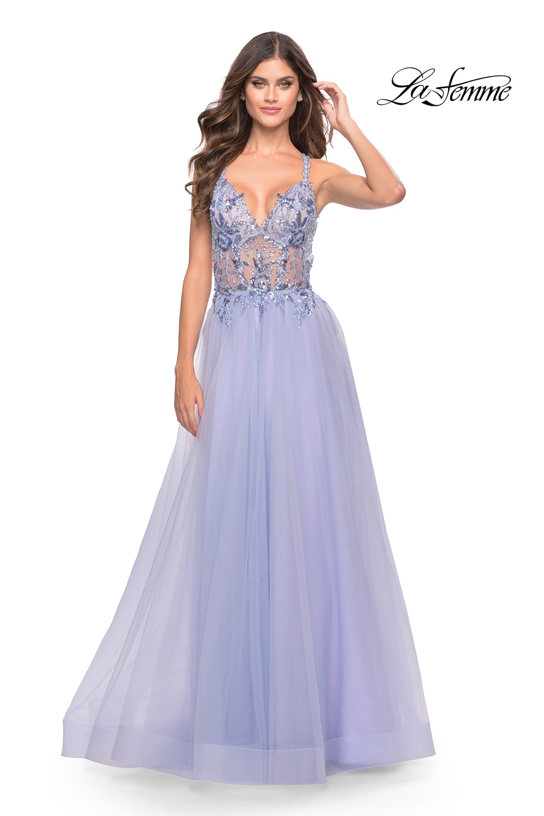 Picture of: Tulle A-Line Gown with Sheer Bodice and Beaded Lace Detail in Light Periwinkle, Style: 31369, Detail Picture 4