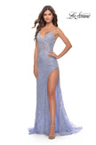 Picture of: Rhinestone Lace Embellished Prom Dress with High Side Slit in Bright Colors in Light Periwinkle, Style: 31404, Detail Picture 4
