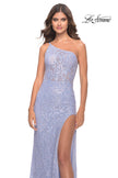 Picture of: Beaded Lace One Shoulder Dress with Unique Lace Up Back in Light Periwinkle, Style: 31515, Detail Picture 4
