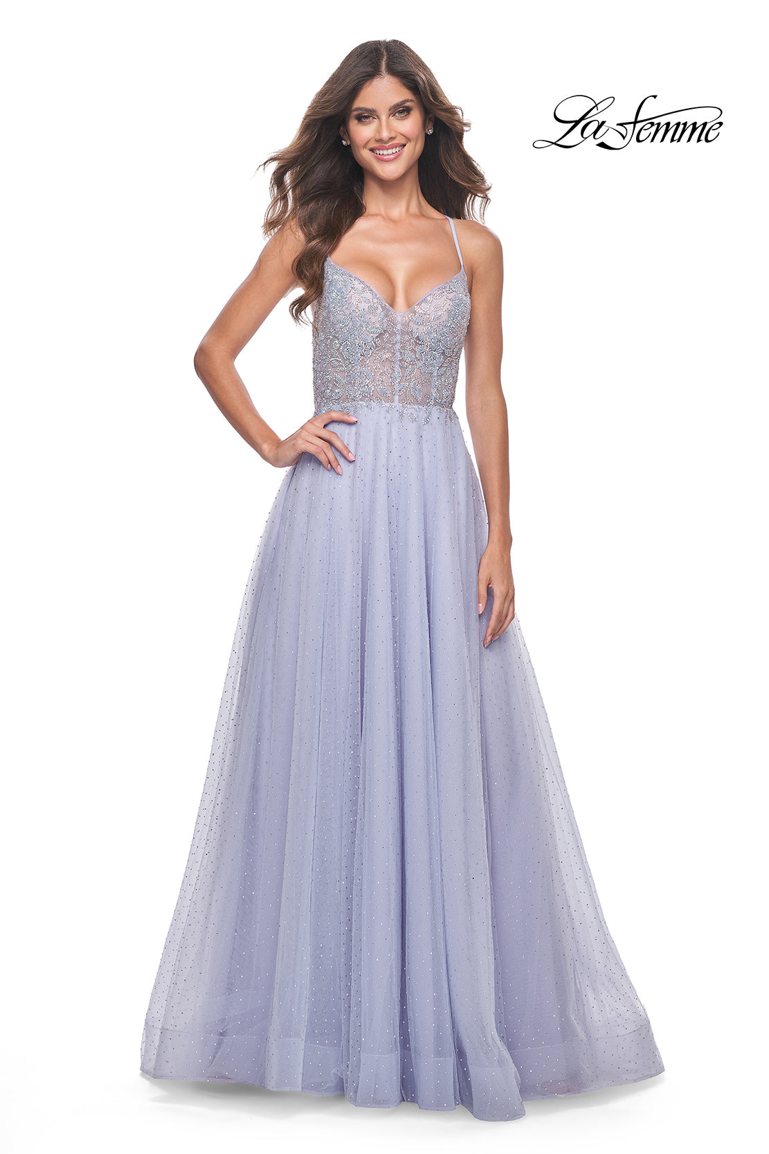 Picture of: Beautiful Rhinestone Beaded Illusion Top Tulle Prom Dress in Light Periwinkle, Style: 32020, Detail Picture 4