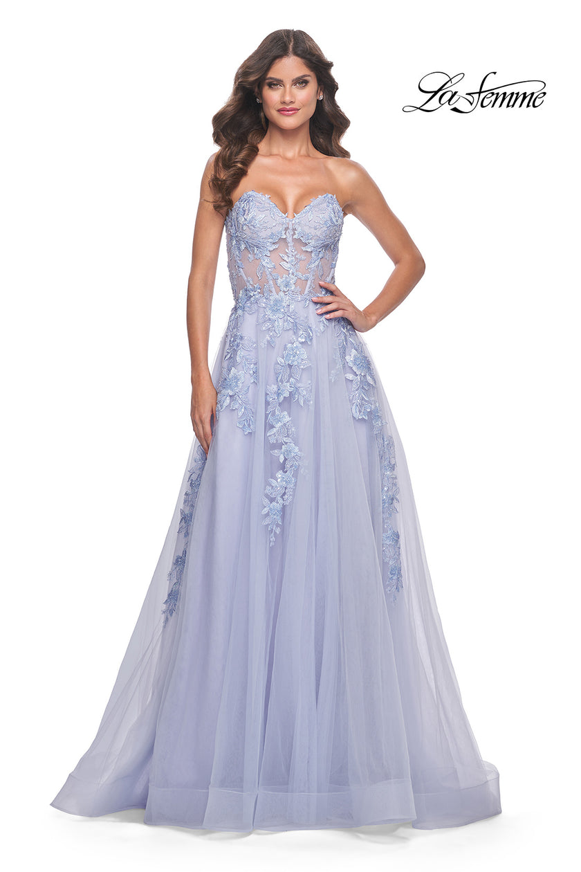 Picture of: Sweetheart Strapless Gown with Beautiful Lace Applique in Light Periwinkle, Style: 32082, Detail Picture 4