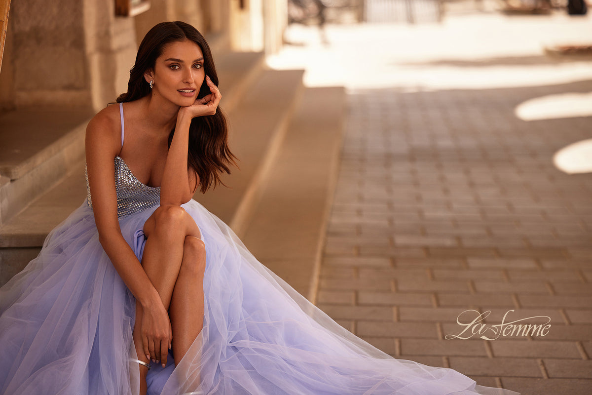 Picture of: Stunning A-line Tulle Prom Dress with Rhinestone Bodice in Light Periwinkle, Style 32633, Detail Picture 4