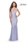Picture of: Bedazzled Rhinestone Jersey Gown with Deep V Neckline in Neon in Light Periwinkle, Style: 31413, Detail Picture 5