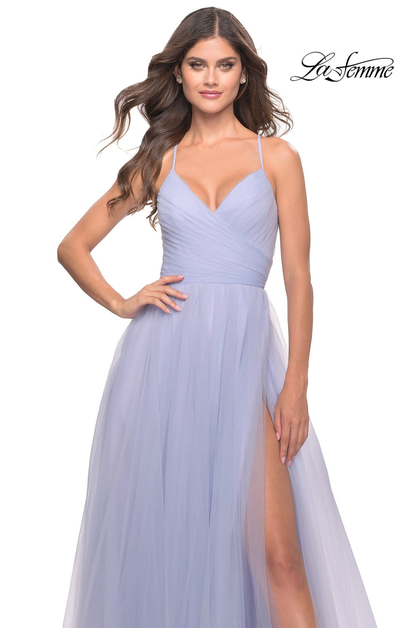 Picture of: Long Tulle A-line Gown with Side Slit and Pockets in Light Periwinkle, Style: 31501, Detail Picture 5
