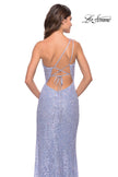 Picture of: Beaded Lace One Shoulder Dress with Unique Lace Up Back in Light Periwinkle, Style: 31515, Detail Picture 5