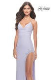 Picture of: Rhinestone Rose Detail Jersey Dress with Draped Neckline in Light Periwinkle, Style: 31574, Detail Picture 5