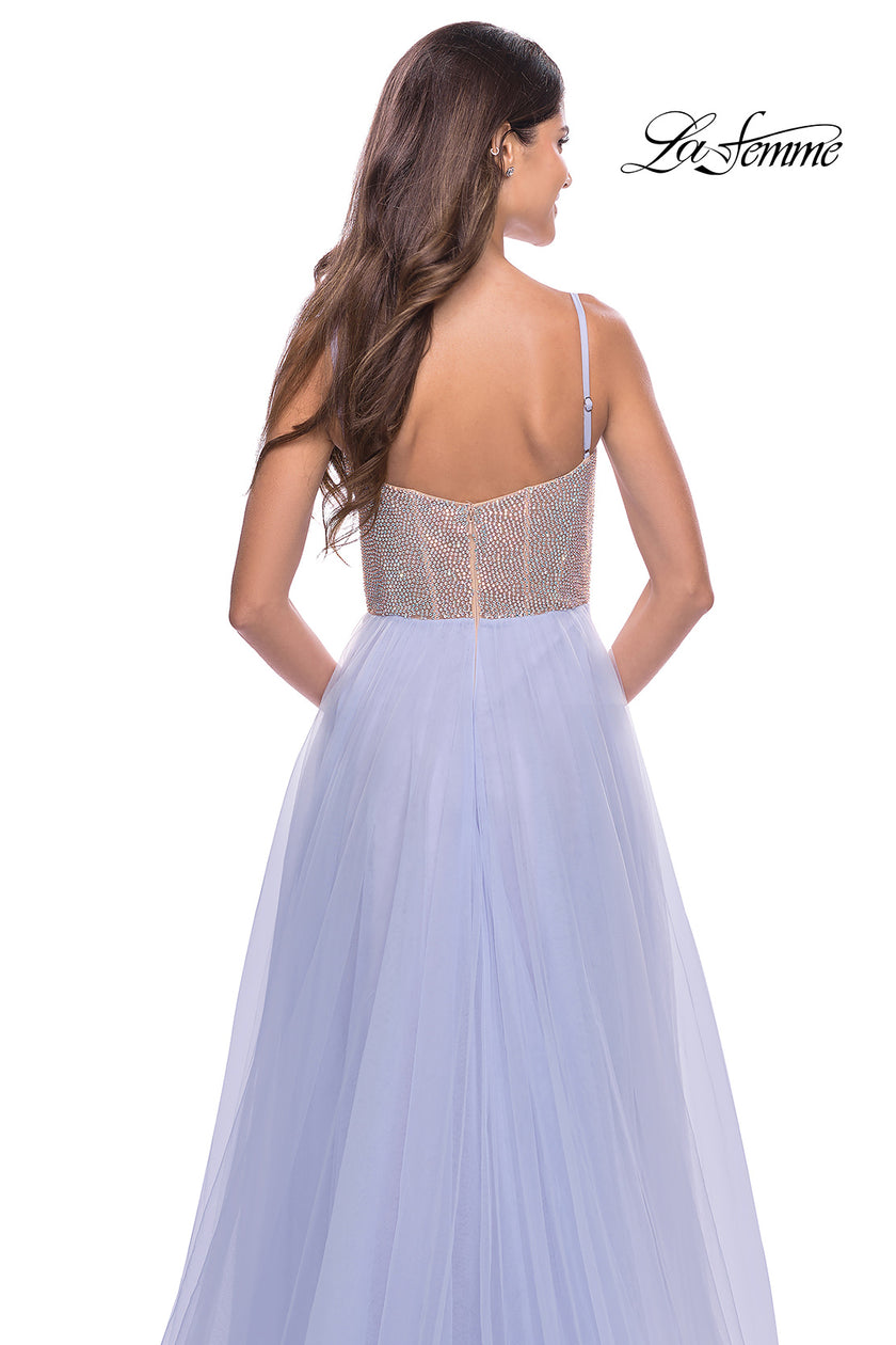 Picture of: Sheer Rhinestone Bodice A-Line Tulle Gown in Light Periwinkle, Style: 31578, Detail Picture 5