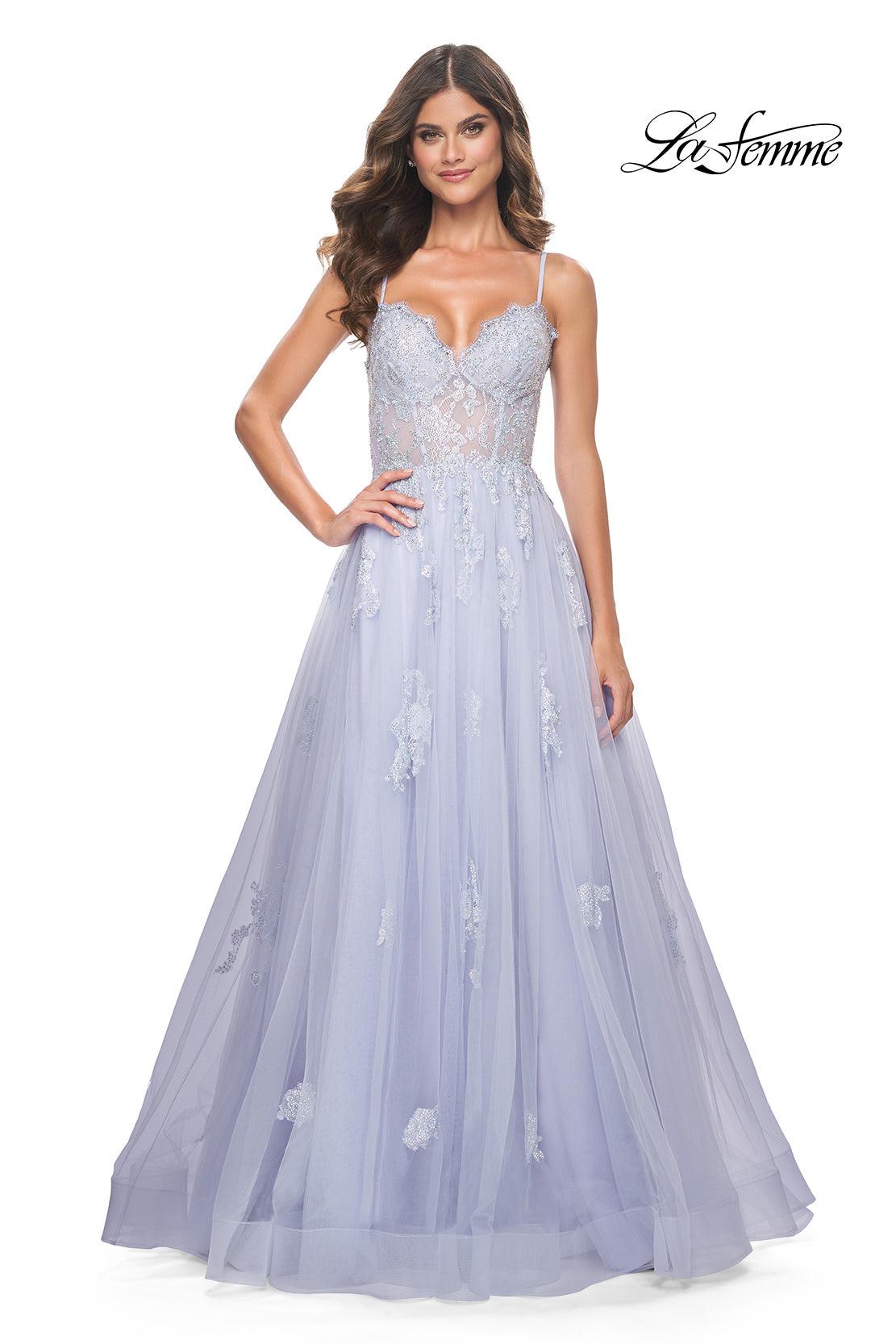 Picture of: A-Line Tulle Gown with Scallop Detail Bodice and Lace Applique in Light Periwinkle, Style: 32028, Detail Picture 5