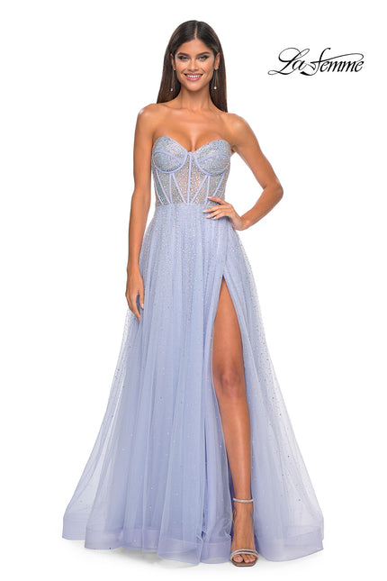 Picture of: Rhinestone Embellished A-line Tulle Gown with Corset Top in Light Periwinkle, Style: 32278, Detail Picture 5