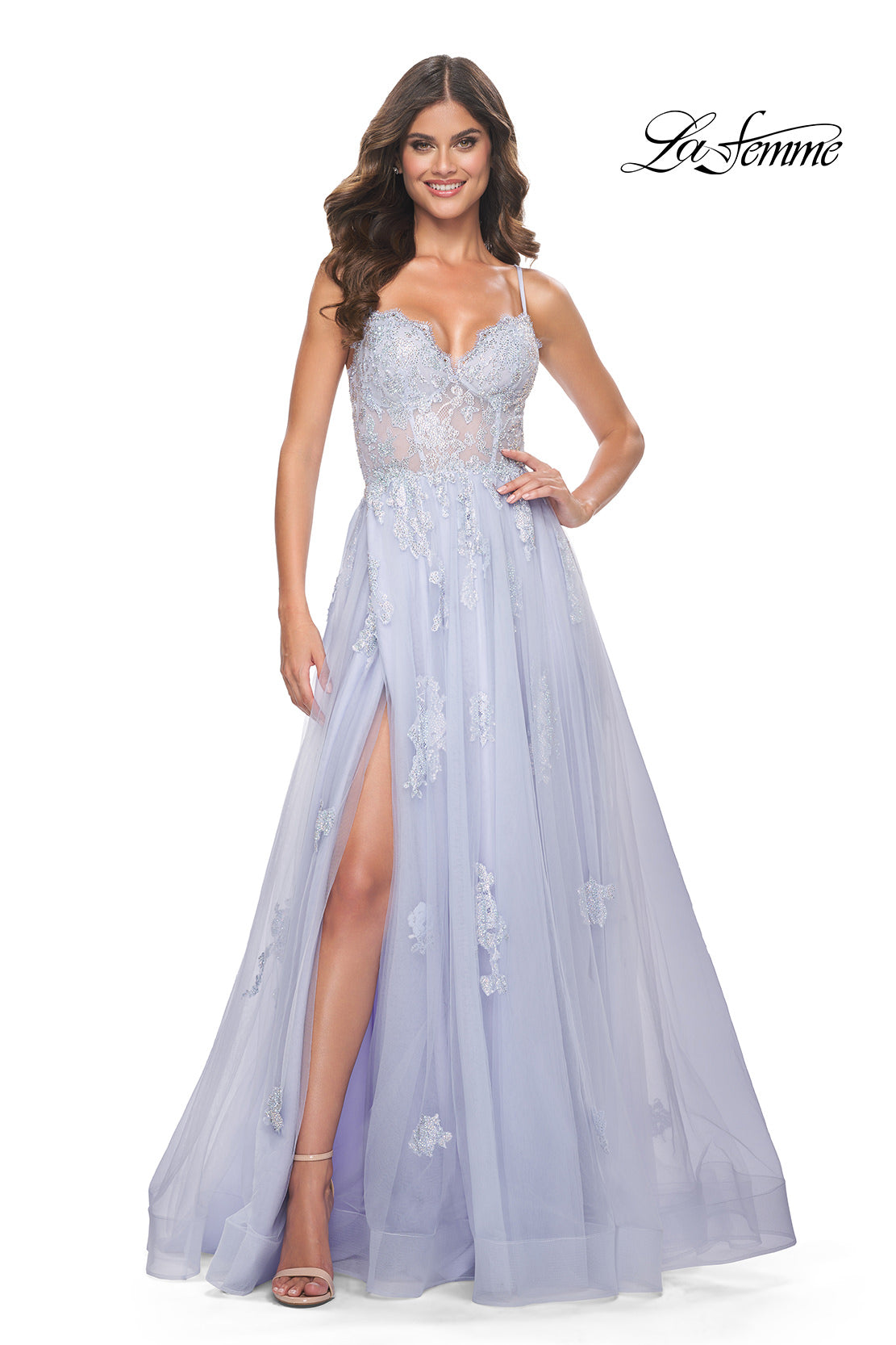Picture of: A-Line Tulle Gown with Scallop Detail Bodice and Lace Applique in Light Periwinkle, Style: 32028, Detail Picture 6