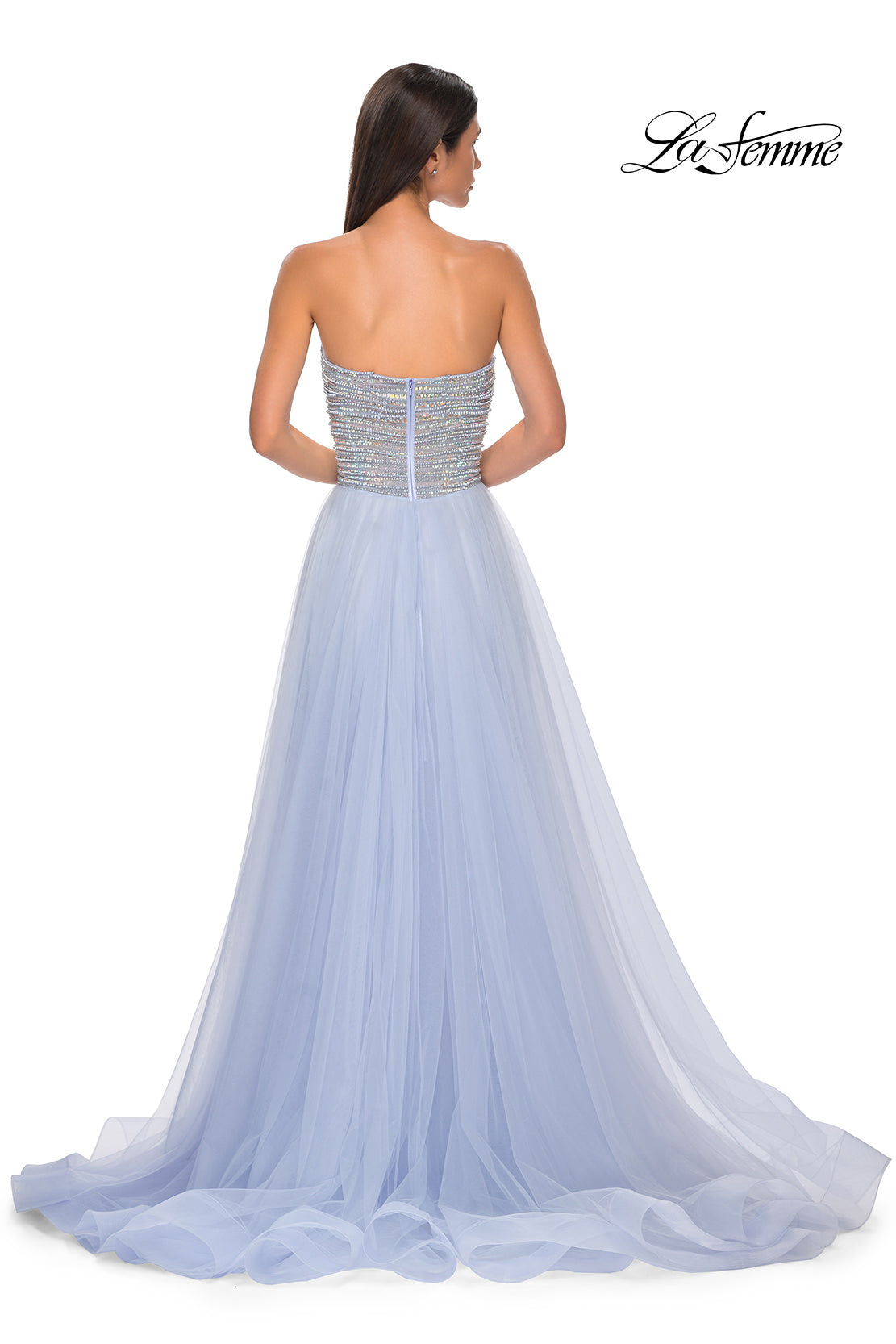 Picture of: Beautiful A-line Tulle Prom Dress with Pearl and Rhinestone Bodice in Light Periwinkle, Style 32875, Detail Picture 6