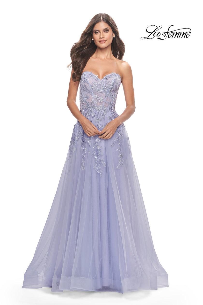 Picture of: Sweetheart Tulle Strapless Gown with Lace Applique in Light Periwinkle, Style: 31363, Detail Picture 7