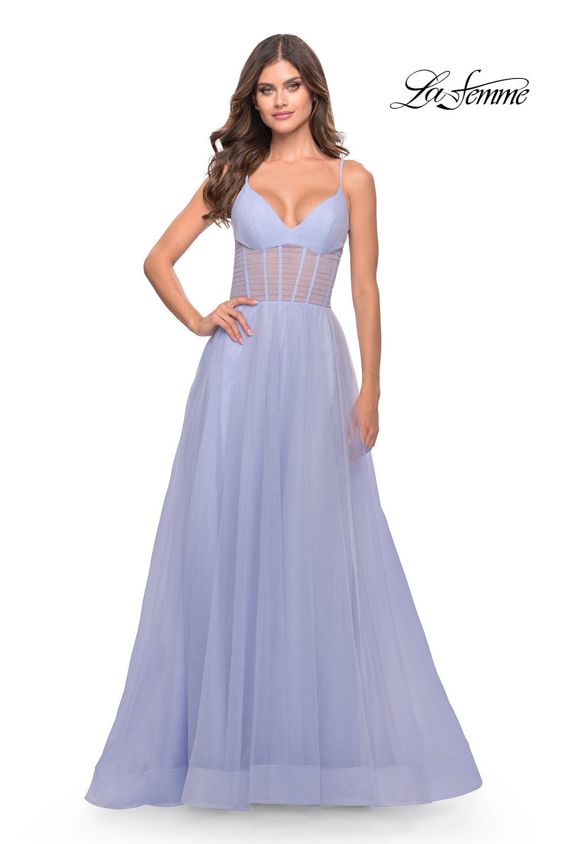 Picture of: Tulle A-line Prom Dress with Corset Sheer Bodice in Light Periwinkle, Style: 31502, Detail Picture 7