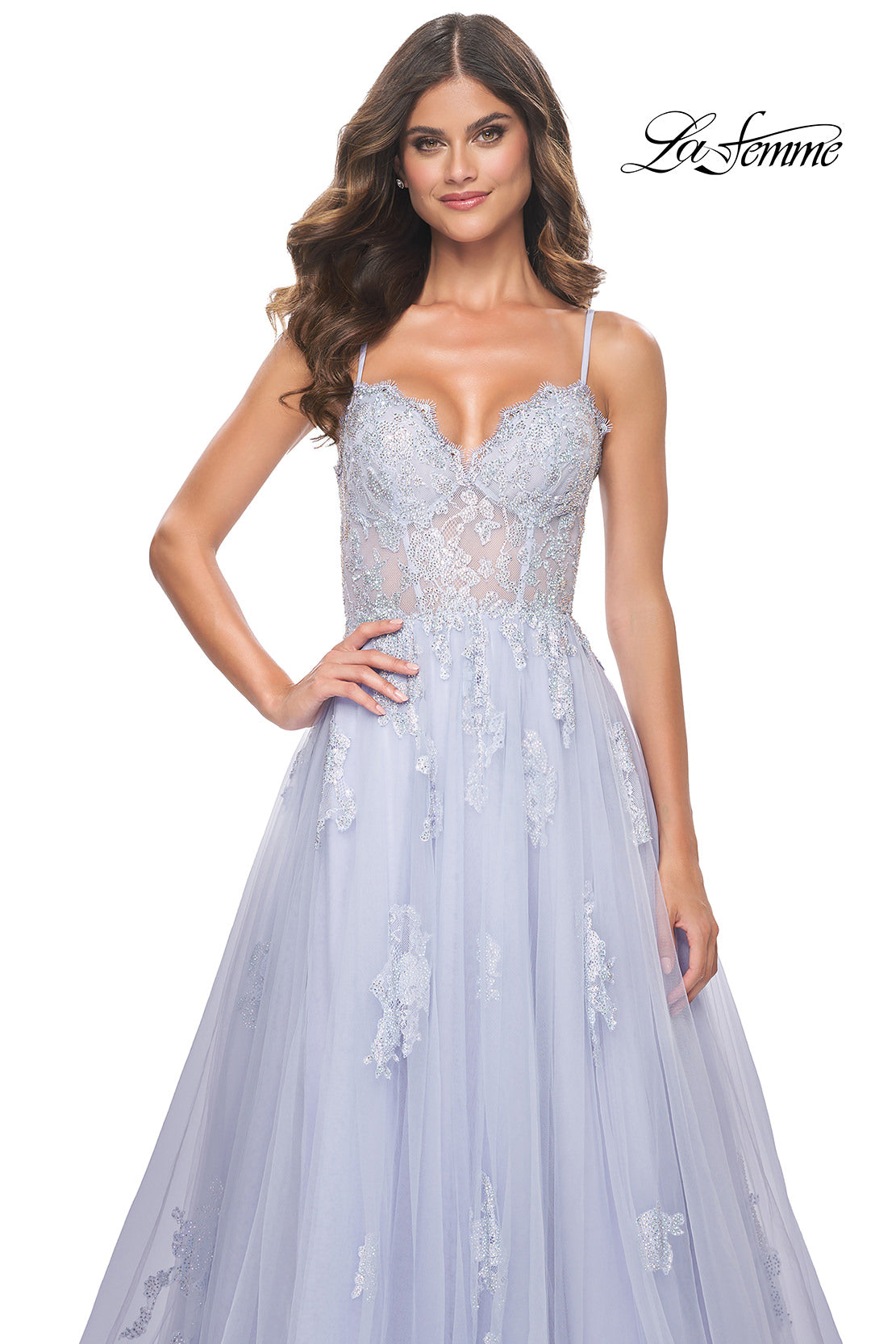 Picture of: A-Line Tulle Gown with Scallop Detail Bodice and Lace Applique in Light Periwinkle, Style: 32028, Detail Picture 7