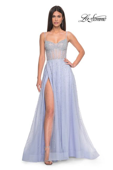 Picture of: Rhinestone A-Line Tulle Prom Dress with Illusion Bodice in Light Periwinkle, Style: 32146, Detail Picture 7