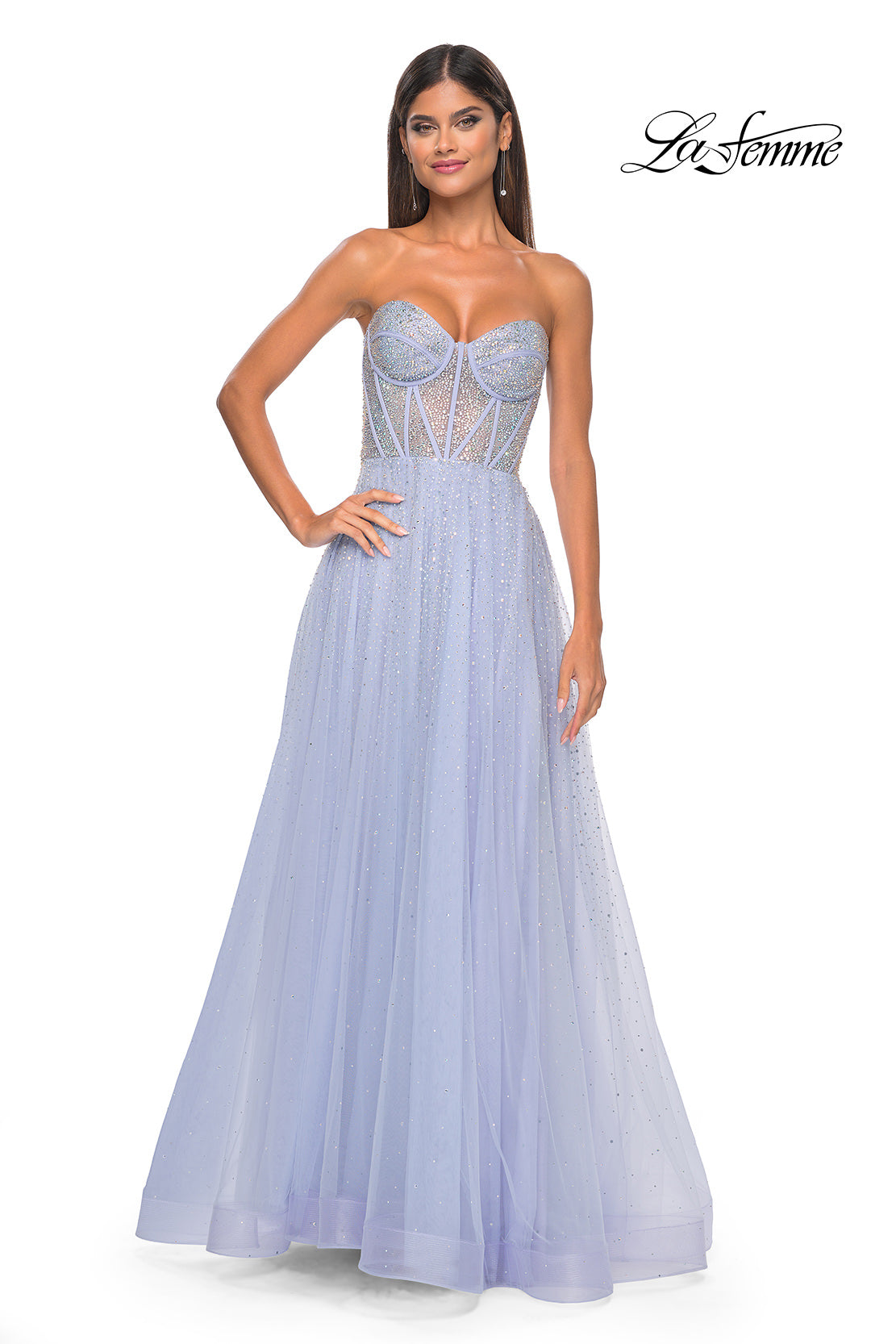 Picture of: Rhinestone Embellished A-line Tulle Gown with Corset Top in Light Periwinkle, Style: 32278, Detail Picture 7