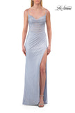 Picture of: Sheer Corset Fitted Gown with Slit and Ruched Detail in Light Periwinkle, Style: 33358, Detail Picture 7