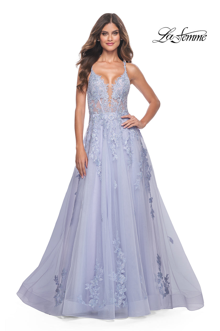 Picture of: Beautiful Lace Embellished A-Line Tulle Prom Dress with Deep V in Light Periwinkle, Style: 32062, Detail Picture 13