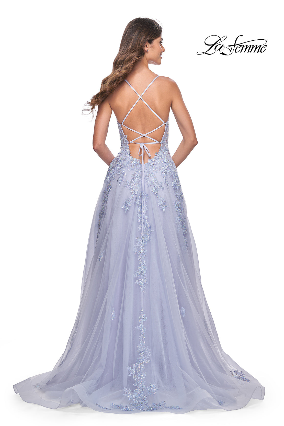 Picture of: Beautiful Lace Embellished A-Line Tulle Prom Dress with Deep V in Light Periwinkle, Style: 32062, Detail Picture 14