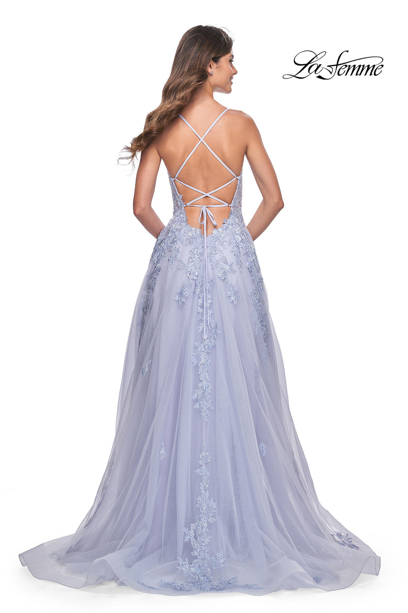 Picture of: Beautiful Lace Embellished A-Line Tulle Prom Dress with Deep V in Light Periwinkle, Style: 32062, Detail Picture 14