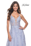 Picture of: Beautiful Lace Embellished A-Line Tulle Prom Dress with Deep V in Light Periwinkle, Style: 32062, Detail Picture 15