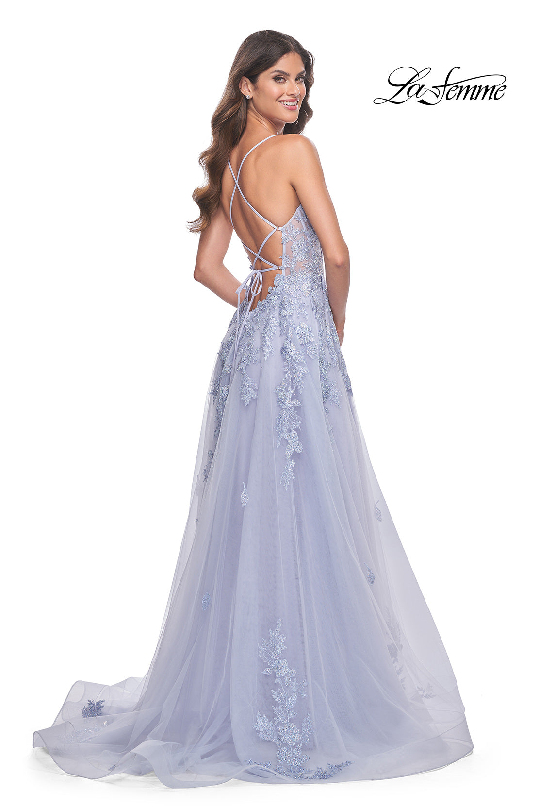 Picture of: Beautiful Lace Embellished A-Line Tulle Prom Dress with Deep V in Light Periwinkle, Style: 32062, Detail Picture 7