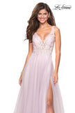 Picture of: Floor Length Tulle Gown with Plunging Lace Bodice in Light Pink, Style: 27621, Main Picture
