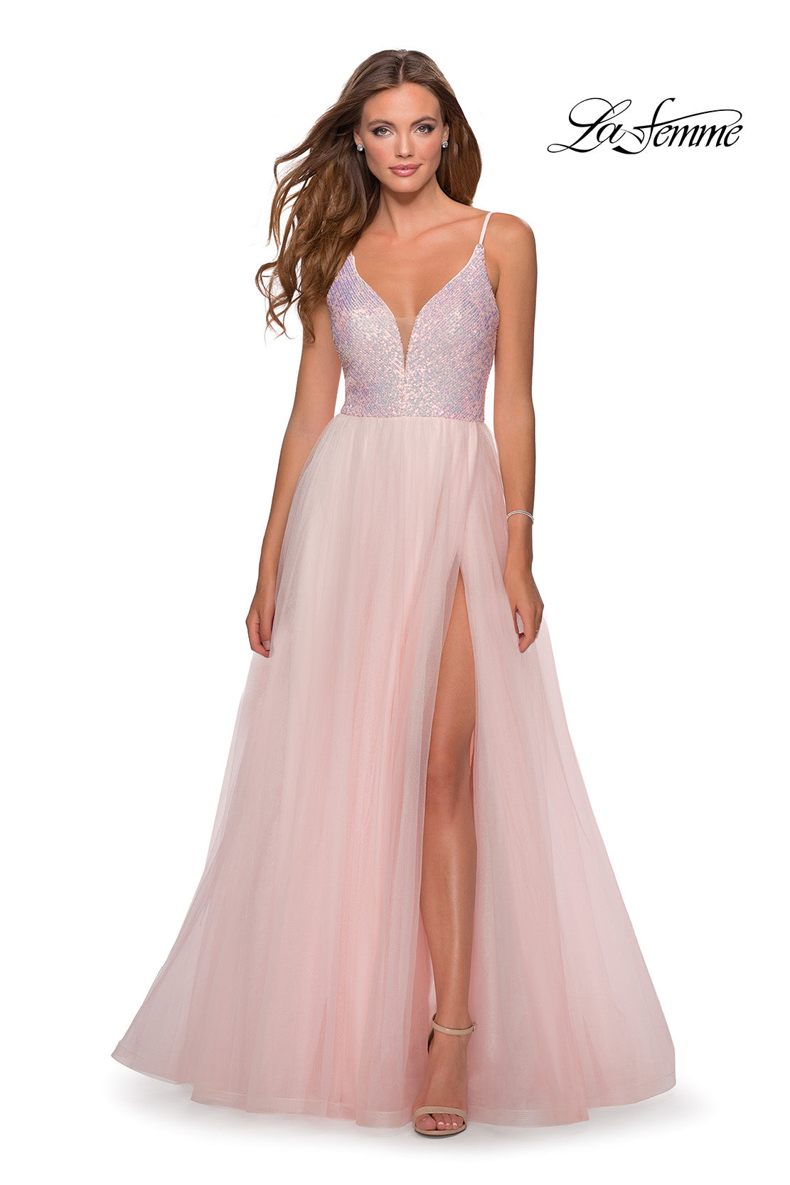 Picture of: Tulle and Sequin A Line Long Dress with Slit in Light Pink, Style: 28464, Main Picture