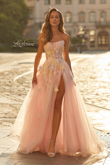 Picture of: Floral Corset Tulle Gown with High Slit and Lace-Up Back in Light Pink, Style: 33432, Main Picture
