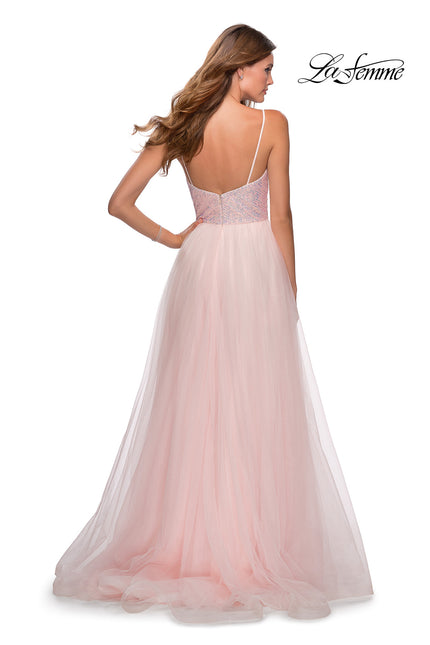 Picture of: Tulle and Sequin A Line Long Dress with Slit in Light Pink, Style: 28464, Back Picture