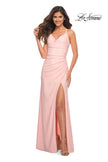 Picture of: Long Pastel Dress with Flattering Ruching and Slit in Light Pink, Detail Picture 2